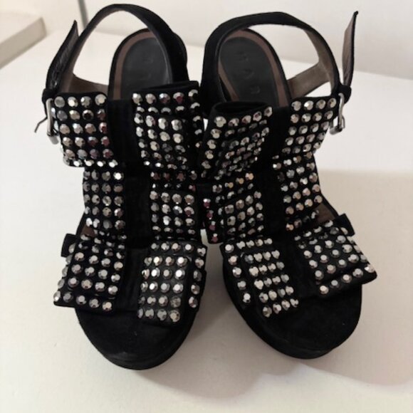 Marni Black Suede Platform Heels with Rhinestone Bows - Picture 2 of 5